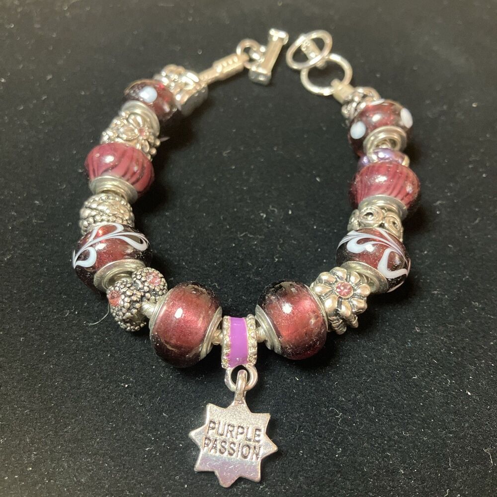 Willabee & Ward Charm Bracelet Purple Passion Silver Tone 8 In Glass Beads